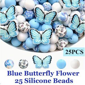 Blue Butterfly Flower Silicone Beads  25 Beads  Larger Hole Perfect for Pens,.